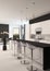 Modern black and white kitchen and living area