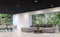 Modern black and white living room and dining room with forest view 3d rendering image