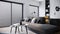 Modern black and white room interior design, contemporary apartment and home office concept, video 4k 3d animation