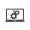 Modern blank of laptop, notebook on white background. Cogwheel gear mechanism. Electronics industry. Vector illustration