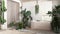 Modern bleached wooden bathroom in white and beige tones with freestanding bathtub and bamboo wall. Biophilic concept, many