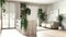 Modern bleached wooden kitchen and living room in white tones with island, sofa, window and appliances. Biophilic concept, many