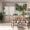 Modern bleached wooden kitchen in white and beige tones with island, chairs, window and appliances. Biophilic concept, many