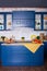 Modern Blue kitchen interior in loft style with furniture. Stylish Scandinavian cuisine in decor. wooden kitchen in rustic style.