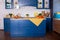Modern Blue kitchen interior in loft style with furniture. Stylish Scandinavian cuisine in decor. wooden kitchen in rustic style.