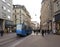 A modern blue passenger tram on one of the streets in central Zagreb, Croatia