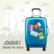 Modern blue plastic wheeled suitcase and european landmarks