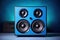 Modern blue powerful audio speaker on yellow background, space for text