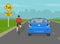 Modern blue sedan car overtaking a cyclist on the city road. Share the road warning traffic sign.