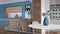 Modern blue and wooden kitchen, Island, parquet and decors. Dining table with chairs, open wine cellar, shelves with pottery and