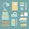 Modern blue and yellow office supplies and stationery icons set