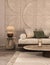 Modern bohemian interior composition with large scandinavian sofa with pillows, warm light lamp and decorative molding