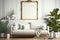 Modern Boho Living Room Interior, Mockup Photo Frame, The White Couch Near Empty White Wall - Generative AI