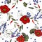 Modern botanical background. Hand drawn vector illustration. Folk flowers. Seamless floral pattern