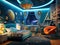 Modern boy bedroom with space theme decoration. Generative AI