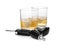 Modern breathalyzer, alcohol and car key on white background