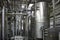 Modern brewery, steel vats or tanks and stainless steel pipes, equipment machinery tools for beer production