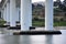 Modern bridge on river Douro with a colony of cormorants