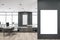 Modern bright coworking office interior with empty white mockup poster on wall, window and city view, wooden flooring, daylight,
