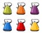 Modern , bright green, orange, purple, blue, red, yellow Kettles, electric teapots isolated cartoon flat set icons. For kitchen