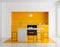Modern bright kitchen interior. Minimalistic kitchen design with bar and stools. 3D illustration