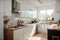 Modern bright kitchen interior with white horizontal window blinds, wooden cabinets with white countertop and household appliances