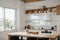 Modern bright kitchen interior with white horizontal window blinds, wooden cabinets with white countertop and household appliances