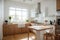 Modern bright kitchen interior with white horizontal window blinds, wooden cabinets with white countertop and household appliances