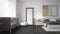 Modern bright minimalist bedroom in dark tones, double bed with pillows, duvet and blanket, parquet, window and sofa, table with