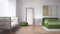 Modern bright minimalist bedroom in green tones, double bed with pillows, duvet and blanket, parquet, window and sofa, table with