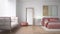 Modern bright minimalist bedroom in red tones, double bed with pillows, duvet and blanket, parquet, window and sofa, table with