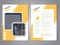 Modern brochure, abstract flyer with background of buildings. City scene in the square. Layout template. Poster of grey, yellow an