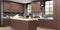 Modern brown kitchen interior in classic style with wooden facades in neutral colors.