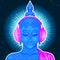 Modern Buddha listening to the music in headphones in neon color