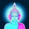 Modern Buddha listening to the music in headphones in neon color