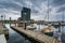 Modern building and marina in Harbor East, Baltimore, Maryland.