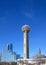 Modern building and Reunion Tower in Dallas