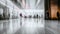 Modern business center with blurry movements of people. Fashionable glass light hall with walking business people