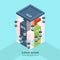 Modern Business Center Office Building Elevator Finance Chart Bar Businesspeople Working Interior 3d Isometric