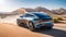 Modern business electric car driving through the desert at high speed, The car rushes through a beautiful landscape