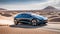 Modern business electric car driving through the desert at high speed, The car rushes through a beautiful landscape