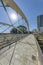 Modern butterfly bridge against blue sky and bright sun in Austin Texas