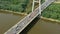 Modern cable stayed bridge and car traffic on background. Highway traffic jam. Aerial View