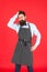 Modern cafe concept. Cooking modern meals. Man with beard cook hipster apron. Hipster chef cook red background. Bearded