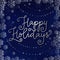 Modern calligraphy of Happy holidays in silver on blue background decorated with frame of snowflakes and pearls