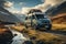 Modern camper van parked on a winding mountain road. Generative AI