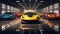 A modern car dealership presentation yellow and red blue cars car showroom wall mockup HD 1920*1080