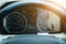 Modern car illuminated dashboard closeup.