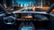 Modern car interior illuminated by nighttime city lights, AI-generated.