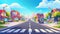 This modern cartoon background features a city street with houses, a road with pedestrian crosswalks, cars, and a bus